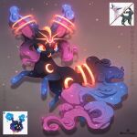  animal_focus black_fur blue_fur character_name colored_sclera cosmog espeon facial_mark forehead_jewel forehead_mark full_body fusion galaxy gem grey_background highres leoiruga looking_at_viewer no_humans pokemon pokemon_(creature) pokemon_focus purple_fur red_eyes red_gem reference_inset simple_background solo sparkle standing star_(sky) umbreon yellow_sclera 