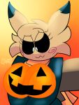  anthro anthrofied big_breasts black_body black_fur black_sclera blonde_hair breasts digital_media_(artwork) eyelashes female filthycottonart fur generation_7_pokemon hair hi_res mimikyu mostly_nude nintendo nipples orange_nipples paint pokemon pokemon_(species) pokemorph scarf scarf_only simple_background smile solo spookana_(unfortu-nate) tail unfortu-nate white_eyes 