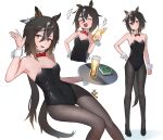  1girl absurdres alcohol animal_ears artist_name beer black_pantyhose black_shoes bow bowtie breasts brown_hair closed_eyes closed_mouth commentary_request covered_navel detached_collar ear_covers ear_ornament full_body glass hair_between_eyes high_heels highres holding holding_tray horse_ears horse_girl horse_tail long_hair looking_at_viewer multicolored_hair multiple_views nontraditional_playboy_bunny open_mouth pantyhose red_bow red_bowtie shoes simple_background small_breasts smile stay_gold_(umamusume) streaked_hair tail totwo tray umamusume white_background white_hair wrist_cuffs yellow_eyes 