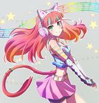  axent_wear bell bell_collar cat_ear_headphones cat_girl cat_tail collar commentary green_eyes hair_down headphones iesupa long_hair neon_katt orange_hair rwby shorts shorts_under_skirt solo staff_(music) tail tail_ring 