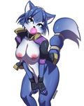  2016 anthro areola bent_over big_breasts blue_eyes blue_fur blue_hair breasts bubble_gum canine clothed clothing collar english_text female fingerless_gloves fox fur gloves hair hand_on_thigh jacket jewelry krystal looking_at_viewer madopts mammal mostly_nude navel necklace nintendo nipples open_jacket pink_nipples raised_tail signature simple_background solo star_fox tailband text video_games white_background white_fur 