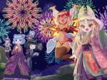  6+girls ^_^ ahoge animal_ears armlet black_dress black_hair black_skirt black_thighhighs blonde_hair blue_hair bow brown_panties brown_thighhighs brown_tube_top camera cat_ears cat_girl closed_eyes commentary_request dark-skinned_female dark_skin death_alma dress emil_chronicle_online facial_mark fairy_wings fang fin_hair_ornament fireworks flower fox_ears fox_girl fox_tail gold_armlet green_kimono grey_eyes hair_bow hair_flower hair_ornament hair_rings holding holding_camera japanese_clothes jewelry jumping kimono loki_alma lorelei_lore low_twintails mini_person mini_person_on_head minigirl multicolored_kimono multiple_girls nekomata_ai night official_alternate_costume open_mouth panties paracelsus_lore pink_kimono purple_hair purple_kimono red_bow red_hair red_kimono red_tube_top red_wings rueco17 salamander_alma see-through_clothes see-through_sleeves shirt shoes skirt smile sphere_hair_ornament strapless tail thighhighs tube_top twintails two-tone_tube_top two-tone_wings underwear white_shirt white_shoes wings yellow_wings 