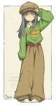  1girl belt border brown_belt brown_hat brown_pants commentary full_body green_sweater grey_hair hat highres long_hair looking_at_viewer original outside_border pants print_sweater sekihan shoes signature simple_background sleeves_past_wrists sneakers solo standing sweater white_border 