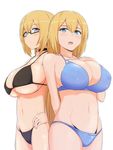  bikini black_bikini blonde_hair blue_bikini blue_eyes blush breasts covered_nipples fang hand_on_hip highres large_breasts looking_at_viewer mori_yoshihara multiple_girls nao_(ritsancrossover) navel nee-san_(nao_(ritsancrossover)) open_mouth original simple_background swimsuit underboob white_background 