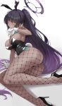  1girl animal_ears ass asya bare_shoulders black_hair black_leotard blue_archive blush bow bowtie breasts commentary_request dark-skinned_female dark_skin detached_collar fake_animal_ears fake_tail fishnet_pantyhose fishnets gloves gradient_hair halo high_heels highleg highleg_leotard highres karin_(blue_archive) karin_(bunny)_(blue_archive) large_breasts leotard long_hair multicolored_hair number_tattoo official_alternate_costume open_mouth pantyhose playboy_bunny ponytail purple_halo rabbit_ears rabbit_tail simple_background strapless strapless_leotard tail tattoo traditional_bowtie very_long_hair white_gloves yellow_eyes 
