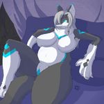  2016 anthro bed belly big_belly big_breasts black_fur bludragoon blue_eyes blue_fur braided_hair breasts curtains dragon fur furred_dragon grey_hair hair huge_breasts large_hands markings navel neck_tuft nipples pillow selo thick_thighs tuft white_fur wide_hips 