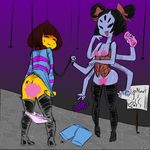  androgynous blush bondage femdom frisk_(undertale) leash monster_girl muffet sex_toy spider_girl twintails undertale undressing 
