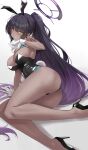  1girl animal_ears ass asya bare_shoulders black_hair black_leotard blue_archive blush bow bowtie breasts commentary_request dark-skinned_female dark_skin detached_collar fake_animal_ears fake_tail gloves gradient_hair halo high_heels highleg highleg_leotard highres karin_(blue_archive) karin_(bunny)_(blue_archive) large_breasts leotard long_hair multicolored_hair number_tattoo official_alternate_costume open_mouth playboy_bunny ponytail purple_halo rabbit_ears rabbit_tail simple_background strapless strapless_leotard tail tattoo traditional_bowtie very_long_hair white_gloves yellow_eyes 