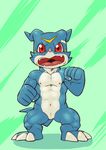  3_toes abs angry animal_genitalia digimon fist front_view frown genital_slit husky_(artist) looking_at_viewer male muscular navel nipples nude open_mouth pecs plantigrade scalie slit solo spread_legs spreading standing toes veemon 