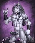  2016 abs animal_genitalia animal_penis anthro ball_tuft balls black_penis blue_eyes canine canine_penis collar erection fur grey_fur grey_hair grin hair knot long_hair looking_at_viewer male mammal navel nipples nude pawpads penis simple_background solo spiked_collar spikes standing vallhund vein white_fur wolf 