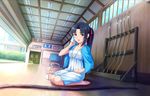  archery_dojo artist_request bag barefoot black_hair dojo dutch_angle idolmaster idolmaster_cinderella_girls idolmaster_cinderella_girls_starlight_stage jewelry light_smile mizuno_midori necklace official_art ponytail seiza sitting solo weapon_stand wooden_floor 