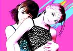  2girls absurdres amiwa black_tank_top blue_eyes brown_hair closed_mouth commentary couple highres hug hug_from_behind matching_outfits multicolored_hair multiple_girls original pink_background print_tank_top purple_eyes short_hair spaghetti_strap tank_top upper_body yuri 