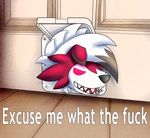  ambiguous_gender canine english_text fur lycanroc mammal midnight_lycanroc nintendo open_mouth pok&eacute;mon red_eyes red_fur solo teeth text unknown_artist video_games white_fur 