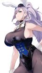  animal_ears arm_behind_back black_leotard blue_eyes bodysuit braid braided_bangs breasts cleavage closed_mouth commentary corset ear_piercing earrings fake_animal_ears feather_hair_ornament feathers grey_hair hair_ornament hat high_ponytail highleg highleg_leotard highres hololive hololive_indonesia jewelry large_breasts leotard long_hair pavolia_reine piercing ponytail qiandao_you simple_background sleeveless sleeveless_bodysuit smile solo standing strapless strapless_leotard virtual_youtuber white_background white_wrist_cuffs wrist_cuffs 