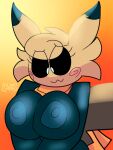  anthro anthrofied big_breasts black_body black_fur black_nipples black_sclera blonde_hair breasts digital_media_(artwork) eyelashes female filthycottonart fur generation_7_pokemon hair hi_res mimikyu mostly_nude nintendo nipples pokemon pokemon_(species) pokemorph scarf scarf_only simple_background smile solo spookana_(unfortu-nate) tail unfortu-nate white_eyes 