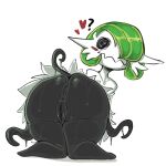  1:1 absurd_res anthrowives anus big_butt black_anus black_body black_skin black_tentacles black_vulva blush blush_stickers bodily_fluids butt clothing costume female gardevoir generation_3_pokemon generation_7_pokemon genitals green_hair hair heart_reaction hi_res looking_at_viewer looking_back mimikyu nintendo pointy_feet pokemon pokemon_(species) pokemon_costume rear_view simple_background solo sweat sweaty_butt tentacles vulva white_background zigzag_mouth 