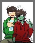  2boys :t antenna_hair black_pants border bottle brown_hair brown_pants colored_skin commentary_request drawstring edd_(eddsworld) eddsworld fewer_digits flipped_hair fujiendou green_hoodie green_skin grey_border hair_behind_ear hair_ears highres holding holding_bottle hood hood_down hoodie jitome long_sleeves male_focus missing_eye multiple_boys one_eye_closed open_mouth pants red_hoodie shirt short_hair simple_background sitting spray_bottle swept_bangs tord_(eddsworld) v white_background white_shirt zombie 