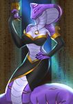  2016 anthro armwear breasts chalice clothed clothing egyptian faarah female hawkilla naga purple_eyes purple_scales reptile scales scalie slit_pupils snake solo white_scales 
