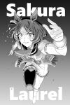  1girl animal_ears ascot breasts character_name commentary_request flower_in_eye greyscale highres horse_ears horse_girl leaning_forward looking_at_viewer medium_breasts monochrome parted_lips puffy_short_sleeves puffy_sleeves raijoman running sakura_laurel_(saisir_le_reve)_(umamusume) sakura_laurel_(umamusume) shirt short_hair short_sleeves shorts smile solo symbol_in_eye umamusume vest 
