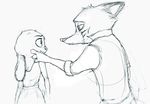  2016 anthro black_and_white blood canine clothed clothing crossover disney dress duo eye_contact female fox judy_hopps lagomorph male mammal monochrome mr_&amp;_mrs_smith nick_wilde rabbit simple_background sprinkah white_background wounded zootopia 