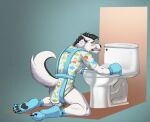 2022 abstract_background ageplay ankle_cuffs anthro bdsm biped black_hair black_nose blue_clothing blue_handwear blue_mittens blush booties canid canine canis clothed clothing cuff_(restraint) digital_media_(artwork) domestic_dog embarrassed feces fur hair handwear harness hollow_plug hroar husky imminent_pooping imminent_soiling infantilism kneeling male mammal mittens nordic_sled_dog onesie pooping raised_tail restraints roleplay sharp_teeth simple_background soiling solo spitz syeenyeen tail teeth toilet white_body white_fur wrist_cuffs