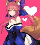  animal_ears bare_shoulders black_legwear blush bow breasts choker citron_82 cleavage detached_sleeves fate/extra fate_(series) fox_ears fox_tail hair_bow heart heart-shaped_pupils japanese_clothes large_breasts leaning_forward looking_at_viewer obi pink_background pink_hair ponytail sash side_slit simple_background smile solo symbol-shaped_pupils tail tamamo_(fate)_(all) tamamo_no_mae_(fate) thighhighs wide_sleeves yellow_eyes 