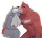 anthro bear big_breasts black_nose bodily_fluids breasts brown_body brown_fur butt canid canine canis cervina cupcake2007 drooling duo female fur genitals grey_body grey_fur hand_on_back hand_on_butt interspecies interspecies_romance kiss_on_lips kissing kumatetsu male male/female mammal nipples nude nude_anthro nude_female nude_male penis saliva the_boy_and_the_beast wolf