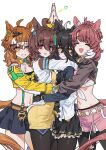  4girls agnes_tachyon_(tach-nology)_(umamusume) agnes_tachyon_(umamusume) ahoge animal_ears black_shirt breasts brown_hair closed_eyes collared_shirt commentary_request cowboy_shot crop_top dantsu_flame_(center_spotlight)_(umamusume) dantsu_flame_(umamusume) grin hair_between_eyes hair_ornament headband high_five highres horse_ears horse_girl hug jam_(umamusume) jungle_pocket_(champion's_battle_cry)_(umamusume) jungle_pocket_(umamusume) lab_coat looking_at_viewer manhattan_cafe_(creeping_shadow)_(umamusume) manhattan_cafe_(umamusume) medium_breasts medium_hair multiple_girls open_mouth pantyhose sarcophage shirt smile umamusume white_background yellow_eyes 