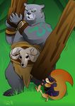  anthro armello bear bottomless brun_(armello) clothed clothing duo female fur grey_fur male mammal red_fur rodent size_difference squirrel tongue tongue_out topless twiss_(armello) 