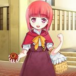  akai_ringo_(ookami-san) apple bad_id bad_pixiv_id bangs basket blunt_bangs bob_cut bow capelet dress food fruit holding holding_food holding_fruit object_namesake ookami-san open_mouth red_eyes red_hair short_hair solo umeboshitora 