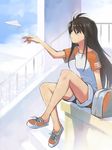  black_hair brown_eyes hirokiku indian_style legs long_hair original paper_airplane raglan_sleeves shorts sitting solo 