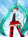  aqua_hair bad_id bad_pixiv_id bespectacled glasses hatsune_miku headphones kocchi_muite_baby_(vocaloid) long_hair natural_(module) project_diva_(series) project_diva_2nd red_eyes saru skirt smile solo striped striped_legwear thighhighs twintails very_long_hair vocaloid zettai_ryouiki 