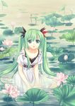  dress flower green_eyes green_hair hatsune_miku hxhrise kneeling long_hair lotus solo twintails very_long_hair vocaloid water white_dress world_is_mine_(vocaloid) 