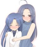  ahoge blue_hair blush closed_eyes happy hug hug_from_behind idolmaster idolmaster_(classic) kisaragi_chihaya long_hair miura_azusa multiple_girls red_eyes smile van-s 