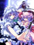  arrow bat_wings blue_eyes blue_hair bow_(weapon) braid fang fingernails foreshortening hands hat imperishable_night izayoi_sakuya knife long_fingernails long_hair maid maid_headdress moon multiple_girls nurse_cap red_eyes remilia_scarlet sato-pon serious short_hair silver_hair slit_pupils smile touhou twin_braids weapon wings yagokoro_eirin 