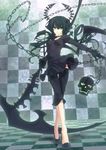  absurdres bangs black_rock_shooter chain checkered checkered_floor choker crossed_legs dead_master garuku green_eyes highres holding holding_scythe horns light outstretched_hand perspective scythe skull solo standing watson_cross weapon 