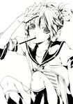  beamed_eighth_notes beamed_sixteenth_notes eighth_rest food greyscale hakuseki headphones highres kagamine_len male_focus monochrome musical_note pocky quarter_note quarter_rest salute sheet_music sixteenth_rest solo vocaloid 