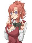 bad_id bad_pixiv_id between_breasts breasts cord-yoshikazu food kazami_mizuho large_breasts mouth_hold onegai_teacher pocky purple_eyes red_hair simple_background solo teacher 