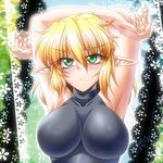  armpits arms_up bad_id bad_pixiv_id blonde_hair blush breasts claws fingernails green_eyes impossible_clothes impossible_shirt long_fingernails mizuhashi_parsee ootsuki_wataru pointy_ears sharp_fingernails shirt short_hair solo touhou 