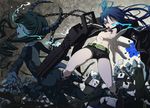  absurdres arm_cannon bad_id bad_pixiv_id bikini_top black_hair black_rock_shooter black_rock_shooter_(character) blue_eyes boots burning_eye chain dead_master emuzu highres horns long_hair midriff multiple_girls navel scar shorts tears twintails very_long_hair weapon wings 