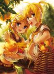  1girl apple basket belt blonde_hair blue_eyes bracelet brother_and_sister denim food fruit hair_ornament hair_ribbon hairpin highres image_sample jewelry kagamine_len kagamine_rin md5_mismatch midriff nail_polish orange pixiv_sample ribbon sailor_collar short_hair shorts siblings silverwing twins vocaloid watermark 