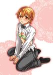  androgynous blush bra flat_chest gojou_kurota inami_mahiru lingerie orange_eyes orange_hair reverse_trap short_hair solo tears torn_clothes underwear working!! 