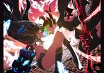  absurdres arm_cannon bad_id bad_pixiv_id bikini_top black_hair black_rock_shooter black_rock_shooter_(character) blue_eyes boots burning_eye checkered checkered_floor colorful dead_master eye_contact face-to-face flat_chest glowing glowing_eyes highres horns long_hair looking_at_another midriff multiple_girls navel pillarboxed scar scythe shorts sun sunset tsuru_(clainman) twintails weapon 