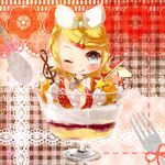  ;q chibi cup food fork hair_ornament hairpin in_container in_cup in_food kagamine_rin minigirl one_eye_closed parfait solo spoon tongue tongue_out tottsuan vocaloid 
