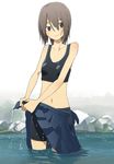  bad_id bad_pixiv_id bike_shorts blue_eyes brown_hair collarbone flat_chest kusakabe_(kusakabeworks) midriff navel open_clothes open_skirt original rock short_hair skirt smile solo sports_bra wading water wet wet_hair wringing_clothes wringing_skirt 