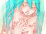  aqua_hair bad_id bad_pixiv_id closed_eyes face hands hatsune_miku long_hair m0i music open_mouth singing solo topless twintails vocaloid 