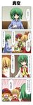  4koma aki_minoriko aki_shizuha ascot bed blonde_hair brown_eyes comic emphasis_lines food food_as_clothes fruit grapes green_hair hair_ornament highres jaw_drop kazami_yuuka leaf maple_leaf multiple_girls no_eyes pajamas rappa_(rappaya) red_hair shiki_eiki surprised thermometer touhou translated turn_pale vest 