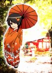  black_hair brown_eyes crab hair_ornament japanese_clothes kimono kyeonjoo long_sleeves one_eye_closed parasol sandals shrine sleeves_past_wrists smile solo tree umbrella wide_sleeves 
