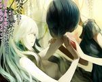  bad_id bad_pixiv_id bangs black_hair bob_cut flower gou_(tomero) hair_over_eyes hair_over_face hands hands_together long_hair multiple_girls original pale_skin short_hair white_hair wisteria 