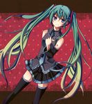  bad_id bad_pixiv_id blue_eyes detached_sleeves gradient_hair green_hair hand_on_own_chest hatsune_miku headset long_hair meisato multicolored_hair necktie skirt solo thighhighs twintails very_long_hair vocaloid 